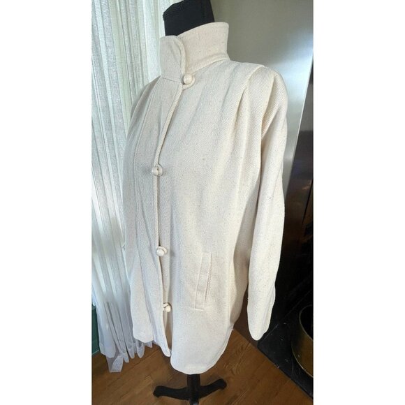 Vintage 80s coat, ecru off-white, batwing sleeves, thick cotton blend, Medium - Picture 1 of 10